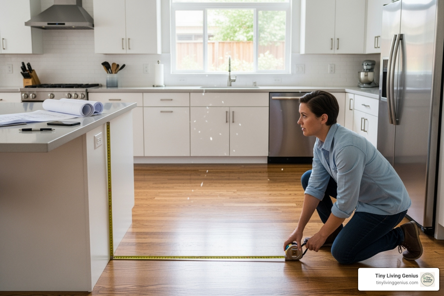 Person using a tape measure in a kitchen, measuring the distance from a counter to an empty space where an island could be placed - small kitchen table island