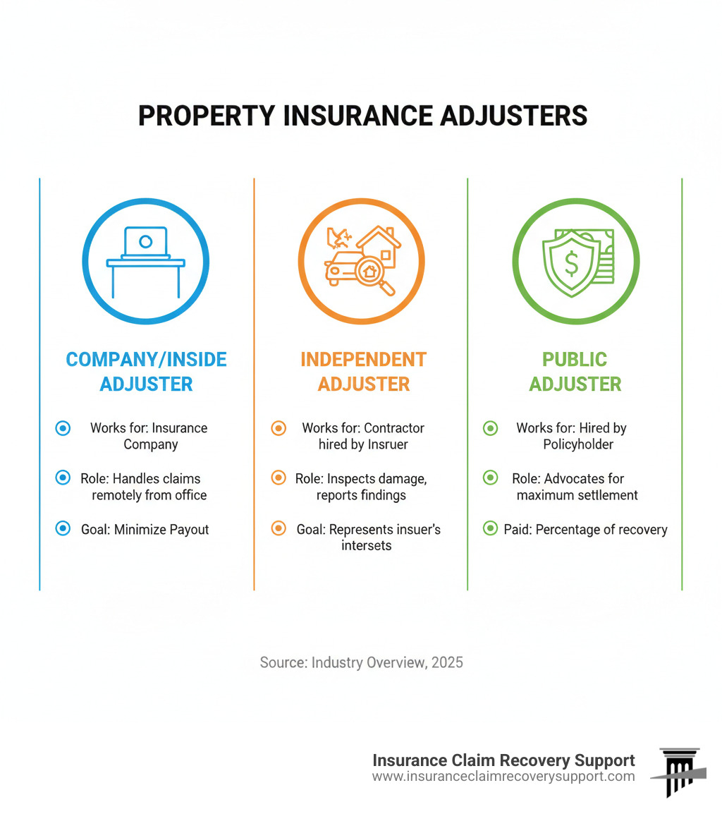 Infographic showing three types of insurance adjusters: Company/Inside Adjuster (works for insurance company, handles claims remotely from office, goal is to minimize payout), Independent Adjuster (contractor hired by insurance company, travels to inspect damage, represents insurer's interests), and Public Adjuster (hired by policyholder, advocates for maximum settlement, paid percentage of recovery) - what is an inside property claims adjuster infographic  Infographic showing three types of insurance adjusters: Company/Inside Adjuster (works for insurance company, handles claims remotely from office, goal is to minimize payout), Independent Adjuster (contractor hired by insurance company, travels to inspect damage, represents insurer's interests), and Public Adjuster (hired by policyholder, advocates for maximum settlement, paid percentage of recovery) - what is an inside property claims adjuster infographic