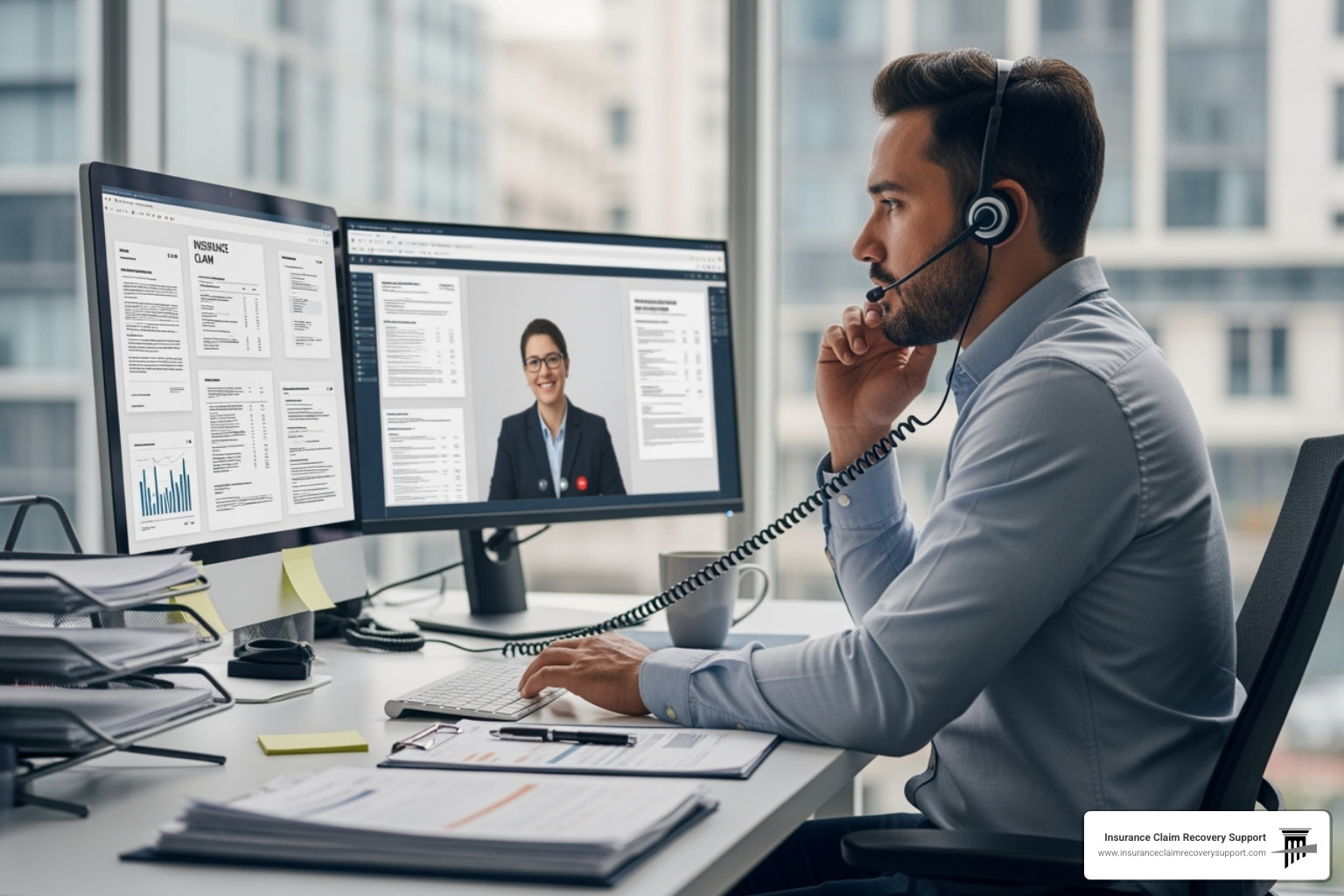 Desk adjuster working at a computer, reviewing documents and talking on the phone - what is an inside property claims adjuster Desk adjuster working at a computer, reviewing documents and talking on the phone - what is an inside property claims adjuster