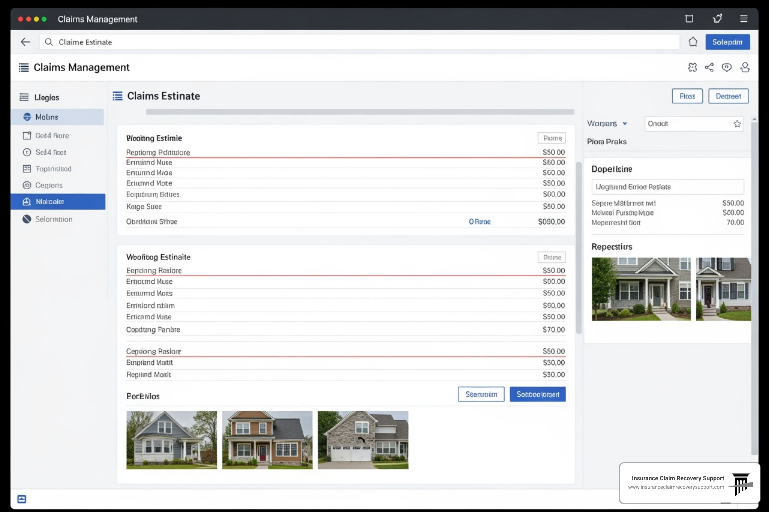 Claims management software interface showing a detailed estimate with line items and photos of property damage - what is an inside property claims adjuster Claims management software interface showing a detailed estimate with line items and photos of property damage - what is an inside property claims adjuster