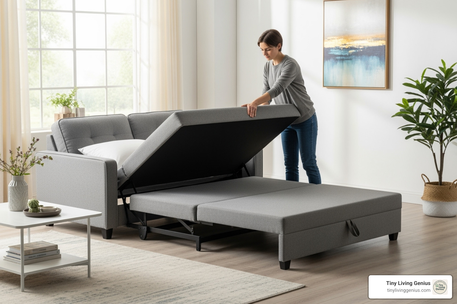 person easily converting a click-clack sofa bed - small double sofa bed