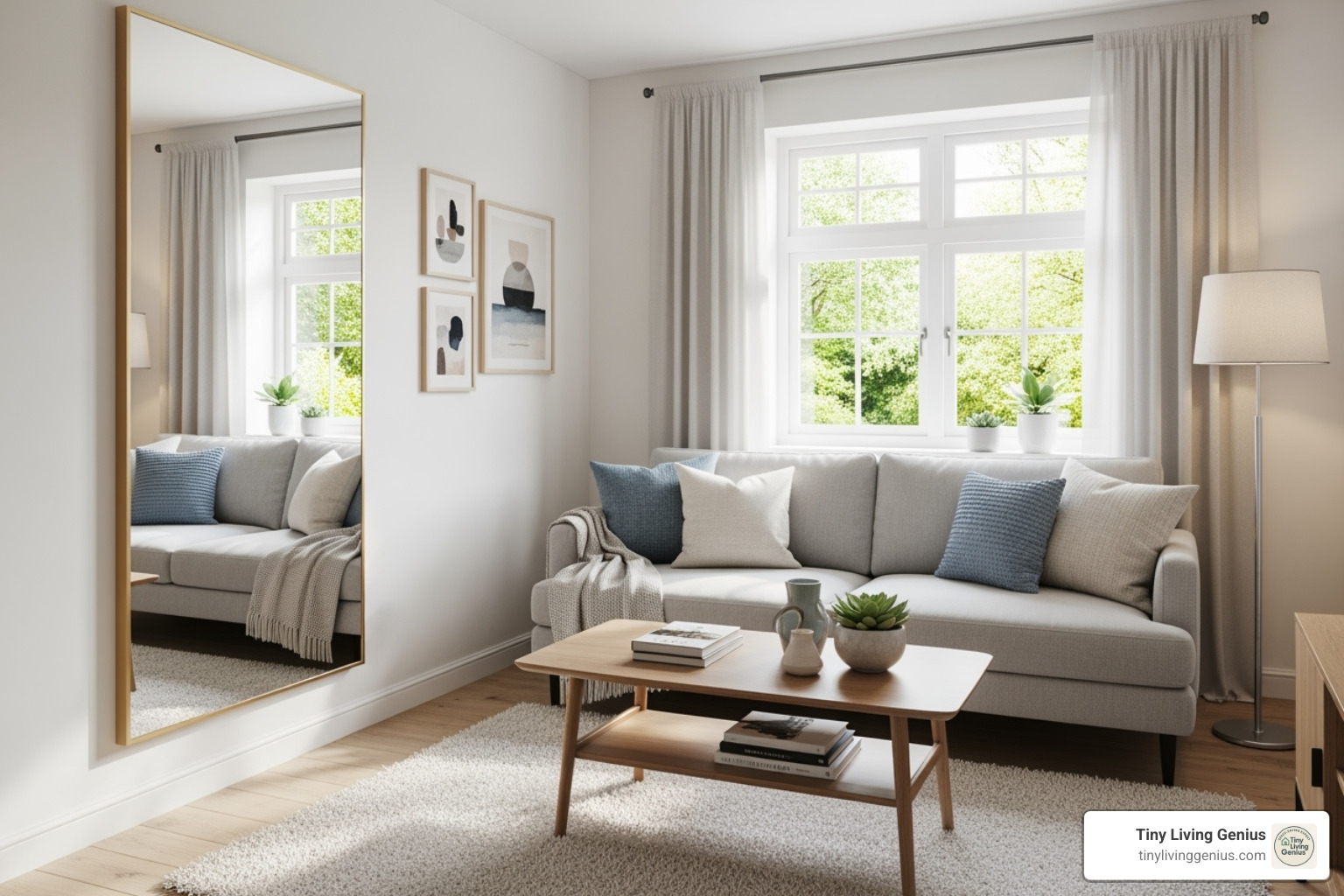 small room with a large mirror reflecting a window - interior decoration for small house