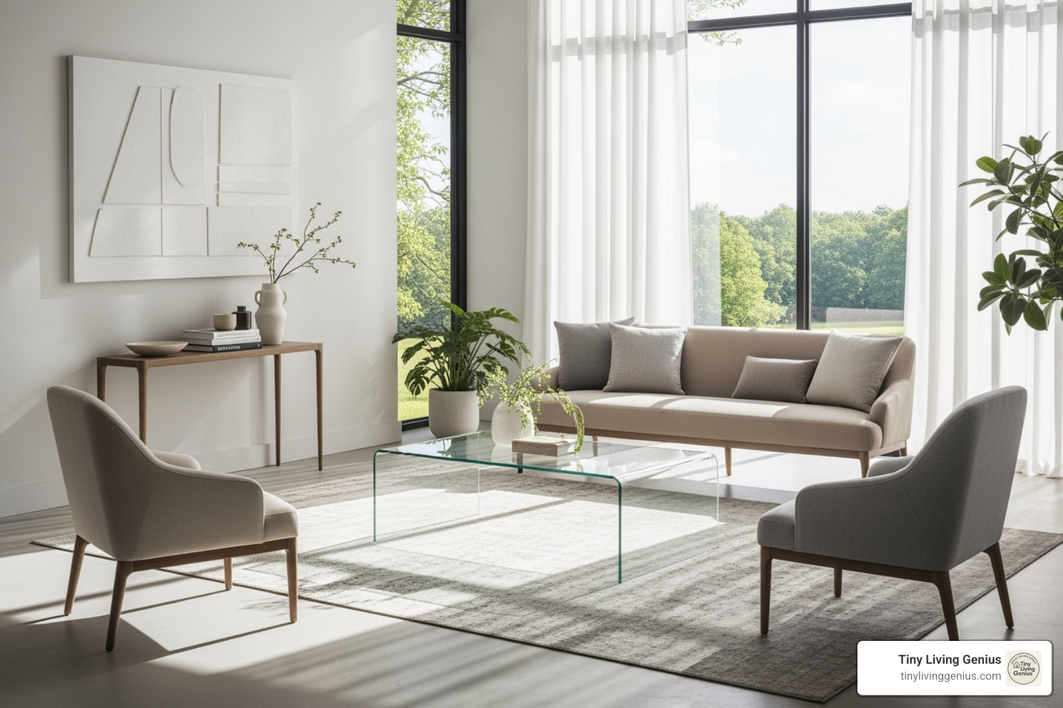 living room with leggy furniture and a clear coffee table - interior decoration for small house