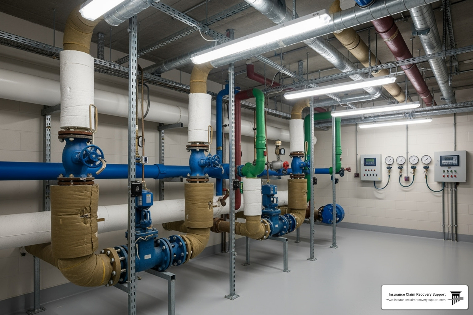 Insulated pipes in a commercial building's mechanical room - Austin freeze damage Insulated pipes in a commercial building's mechanical room - Austin freeze damage