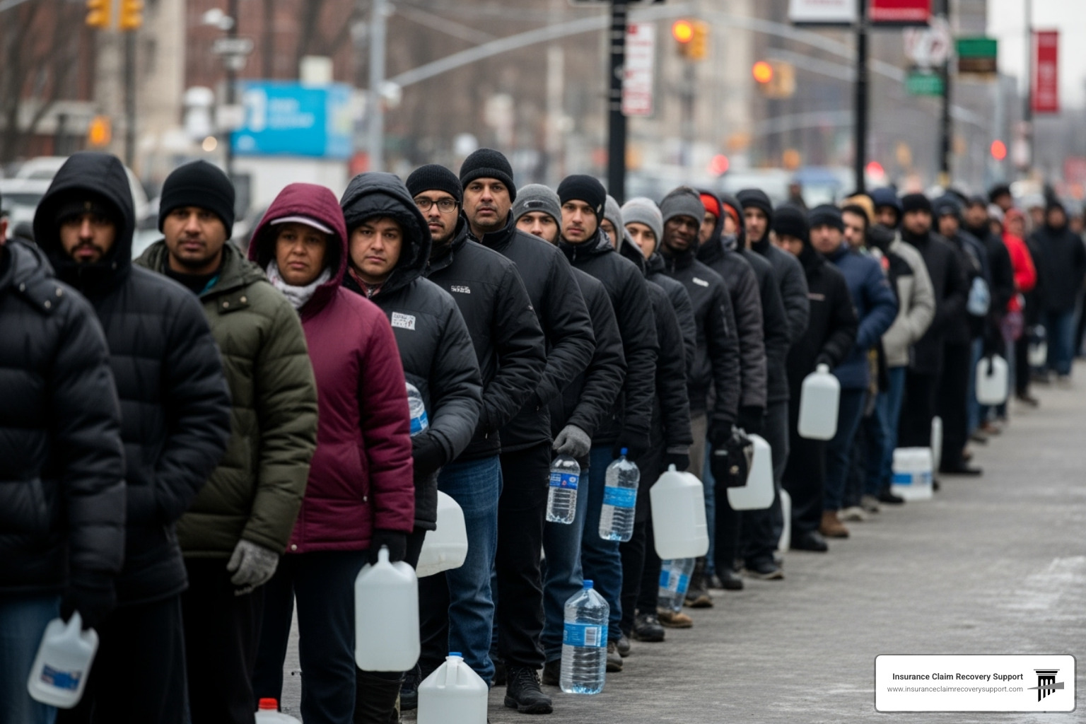 A long line of people waiting for water distribution in Austin - Austin freeze damage A long line of people waiting for water distribution in Austin - Austin freeze damage