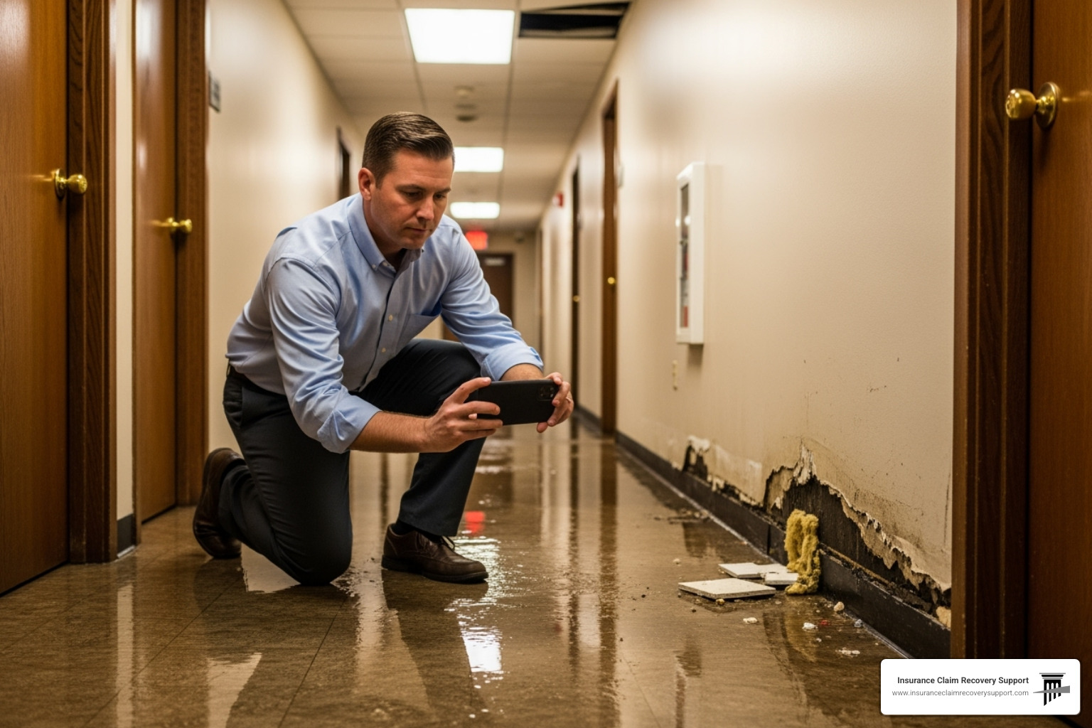 A property manager documenting water damage in a commercial hallway with a smartphone - Austin freeze damage A property manager documenting water damage in a commercial hallway with a smartphone - Austin freeze damage