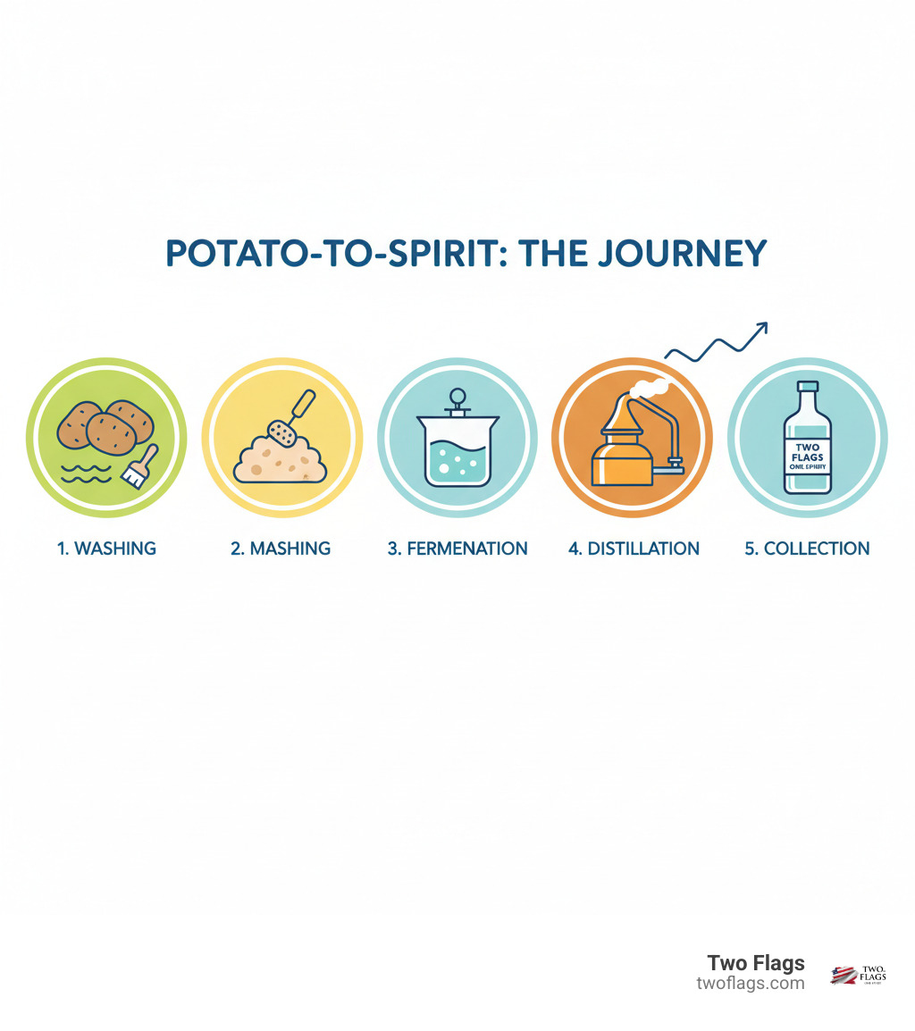 Infographic showing the potato-to-spirit process: whole potatoes being washed, then mashed into a thick paste, transferred to a fermentation vessel with bubbling airlock, distilled in a copper still with vapor rising, and finally collected as crystal-clear spirit in a glass bottle labeled Two Flags One Spirit - liquor made from potatoes infographic 