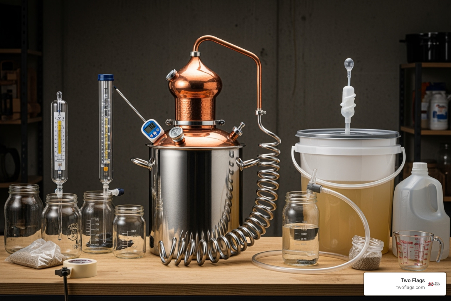 home distillation setup with labeled components - liquor made from potatoes