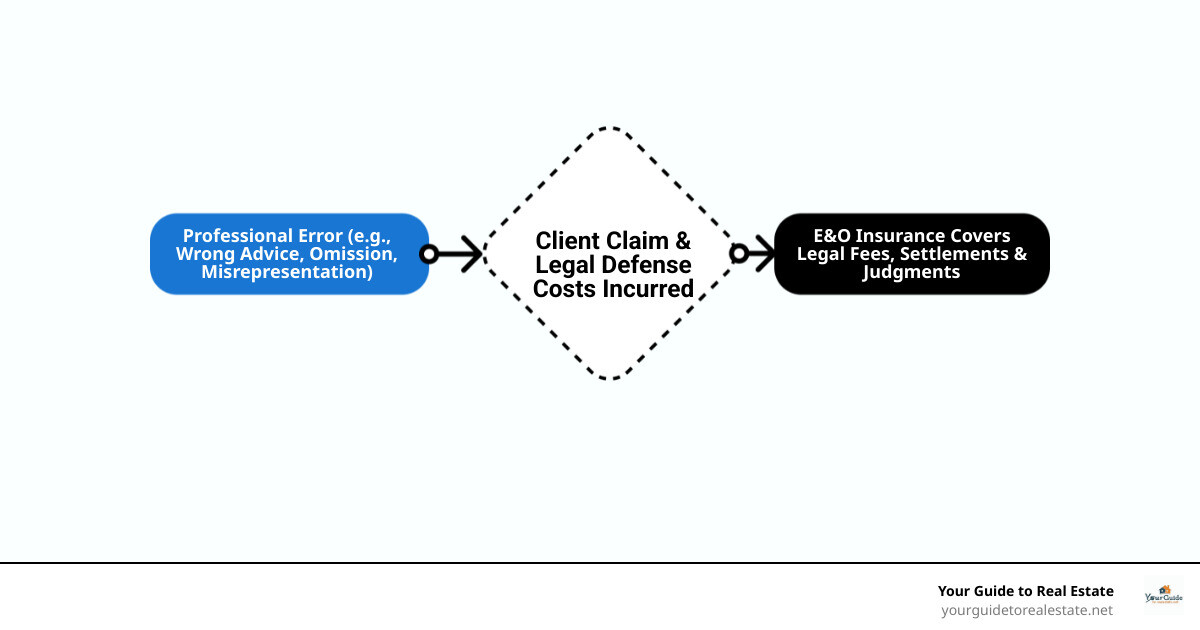 Infographic showing the flow from a professional error (missed disclosure, wrong advice, contract mistake) through a client claim, legal defense costs, and finally to E&O insurance covering legal fees, settlements, and judgments, protecting your business assets - how much is errors and omissions insurance infographic flowmap_simple