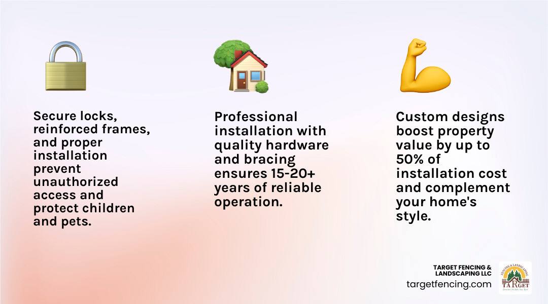 Infographic showing the top 3 benefits of professional backyard gate installation: 1. Enhanced Security - Secure locks, reinforced frames, and proper installation prevent unauthorized access and protect children and pets. 2. Increased Curb Appeal - Custom designs in wood, vinyl, or metal complement your home's style and boost property value by up to 50% of installation cost. 3. Long-Term Durability - Professional installation with concrete-set posts, quality hardware, and proper bracing prevents sagging and ensures 15-20+ years of reliable operation with minimal maintenance. - backyard gate installation infographic 3_facts_emoji_light-gradient