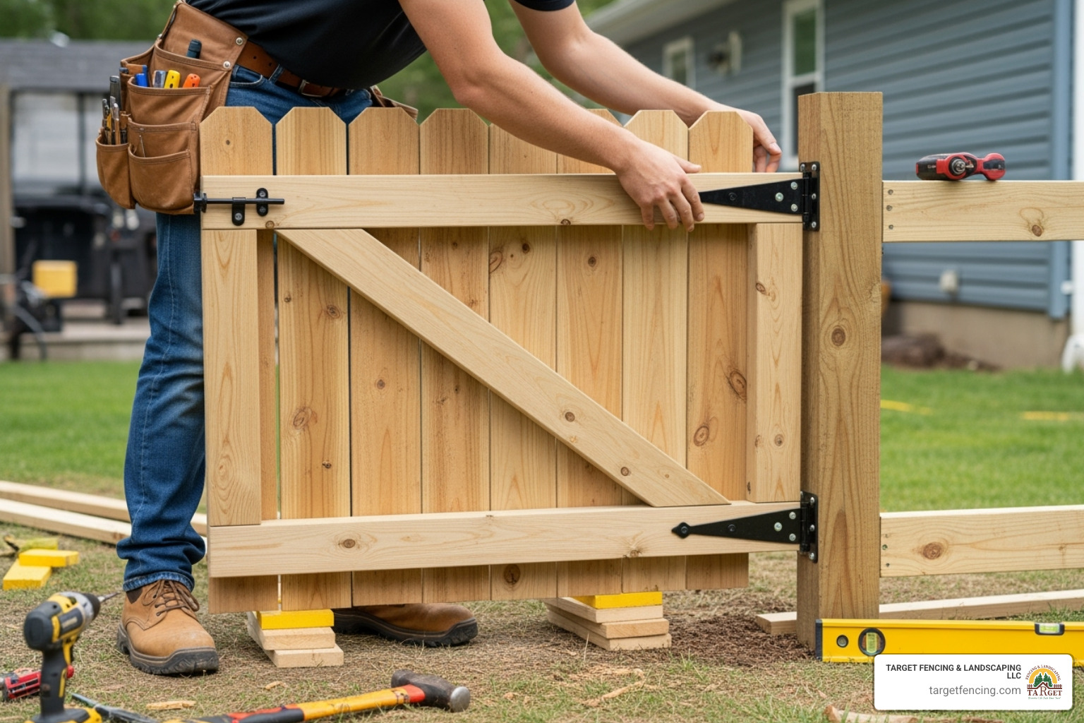 image of a person hanging a new gate on its hinges - backyard gate installation