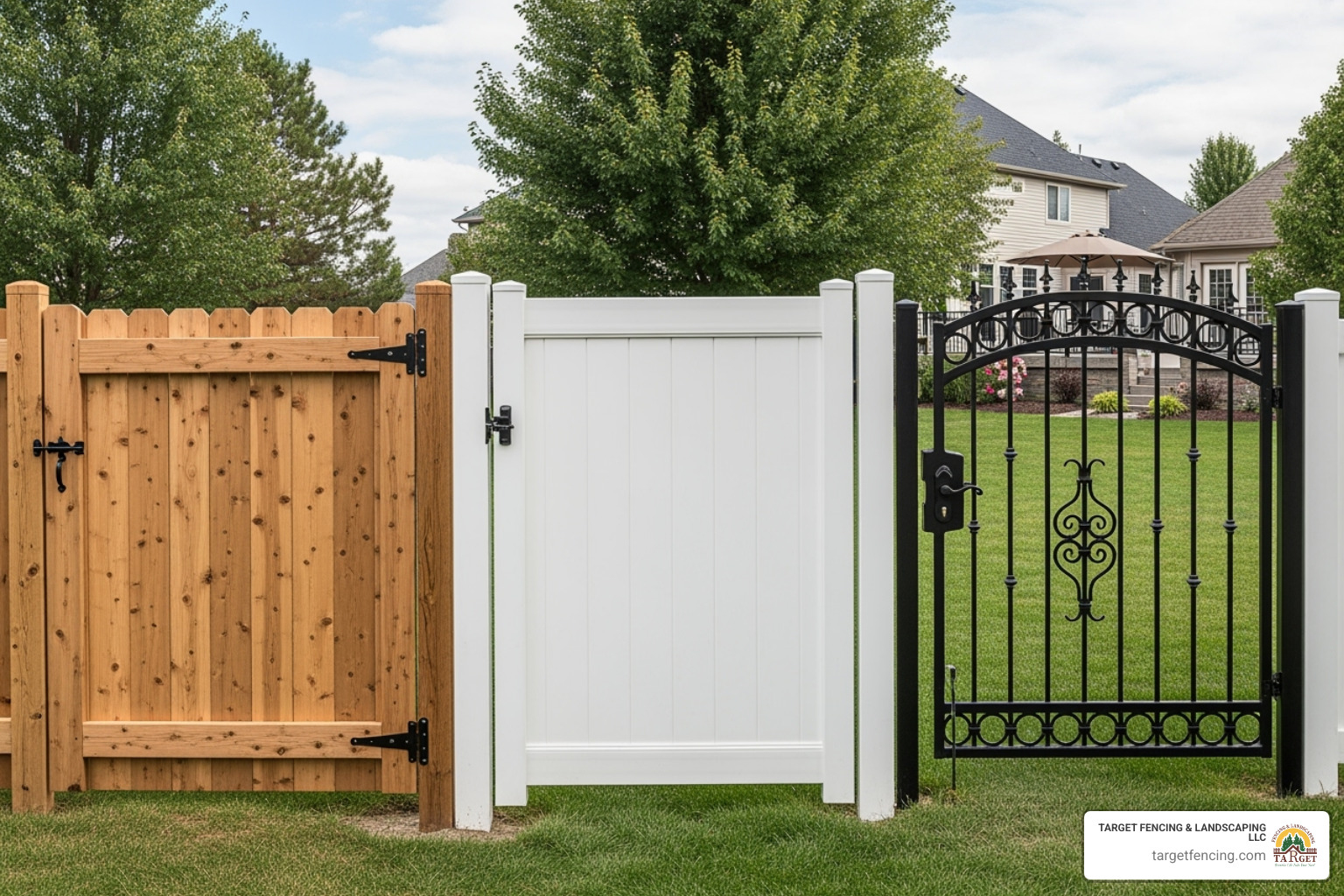 image of different gate materials like wood, vinyl, and metal side-by-side - backyard gate installation