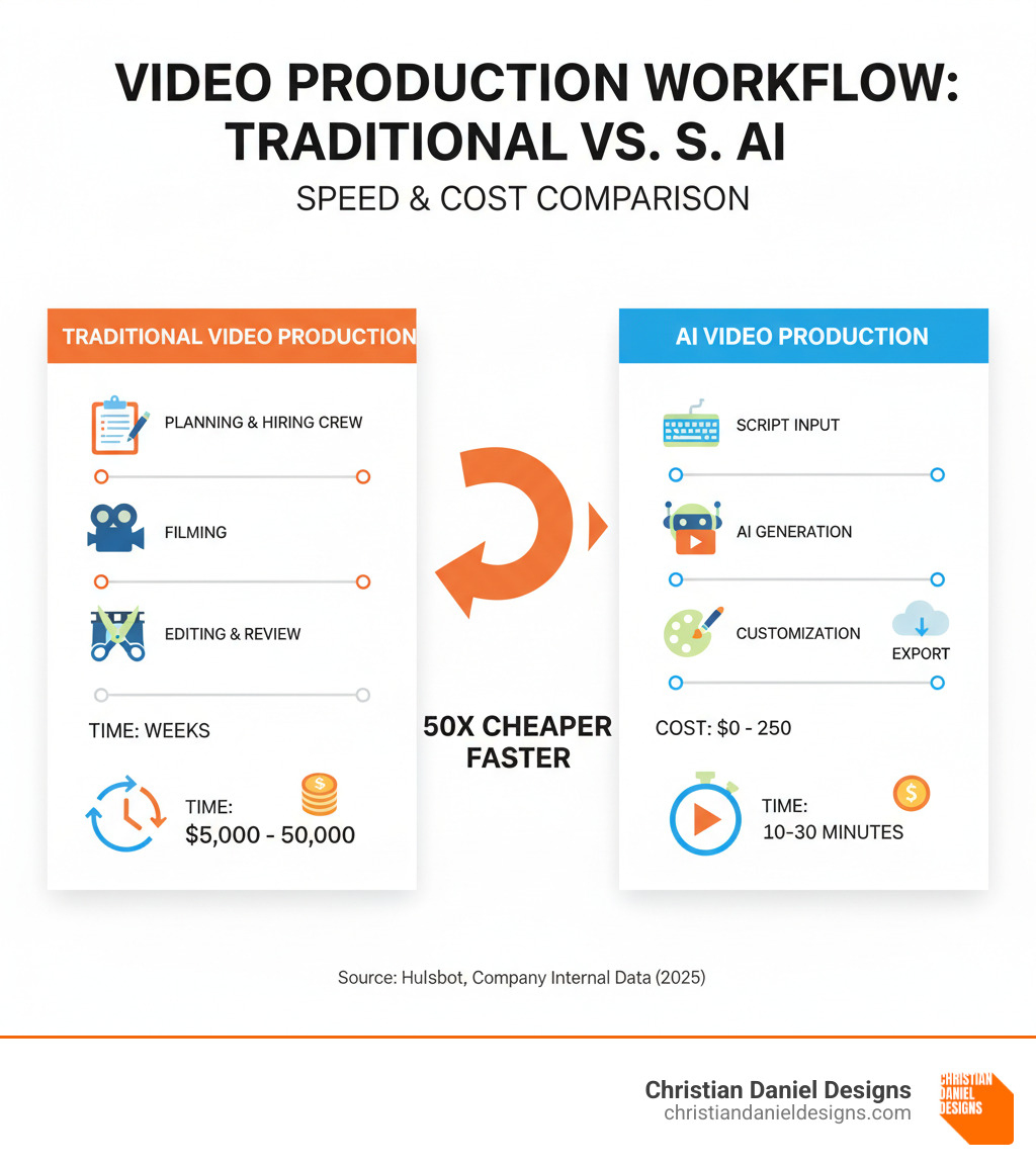 Infographic comparing traditional video production workflow (planning, hiring crew, filming, editing, review cycles taking weeks and costing $5,000-$50,000) versus AI video production workflow (script input, AI generation, customization, export taking 10-30 minutes and costing $0-$250) - how to make ai product videos infographic 
