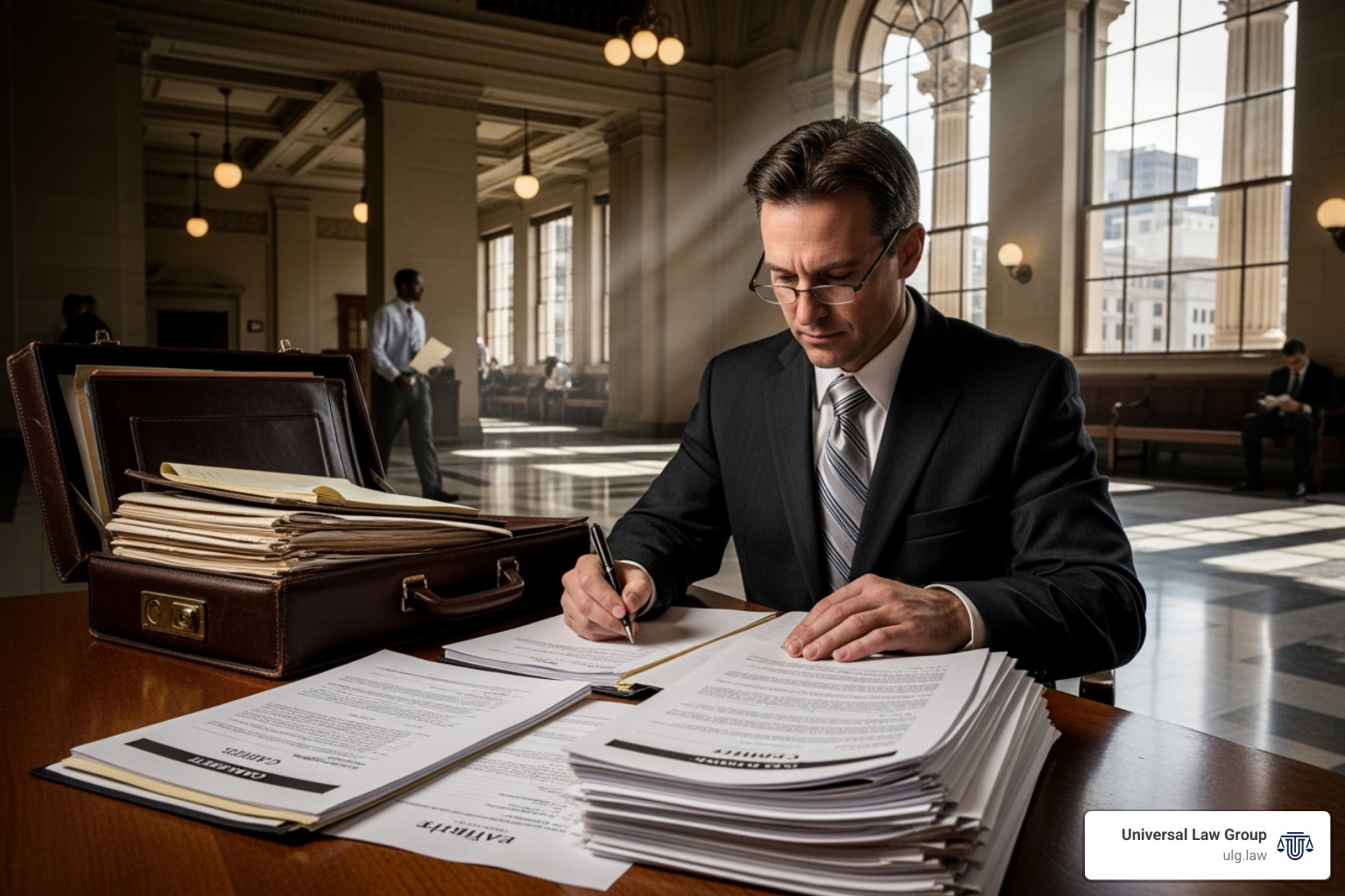 Lawyer reviewing legal documents in a courthouse setting - First offense DWI