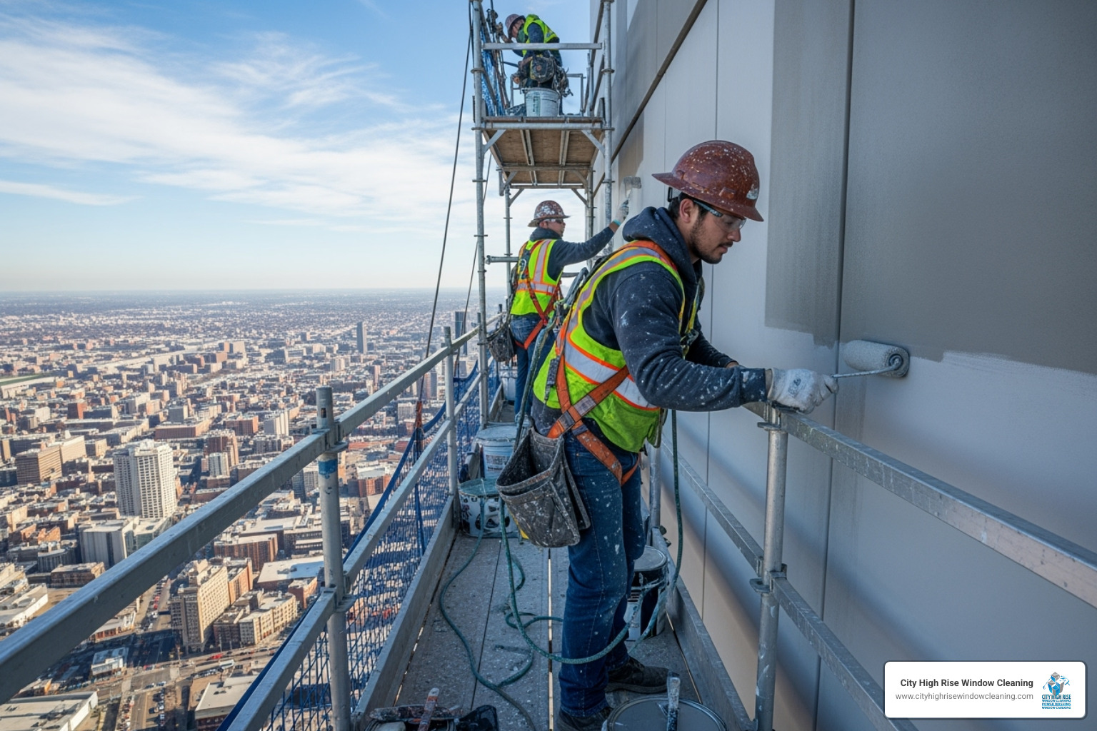 High-rise painters on scaffolding - Exterior building painting cost High-rise painters on scaffolding - Exterior building painting cost