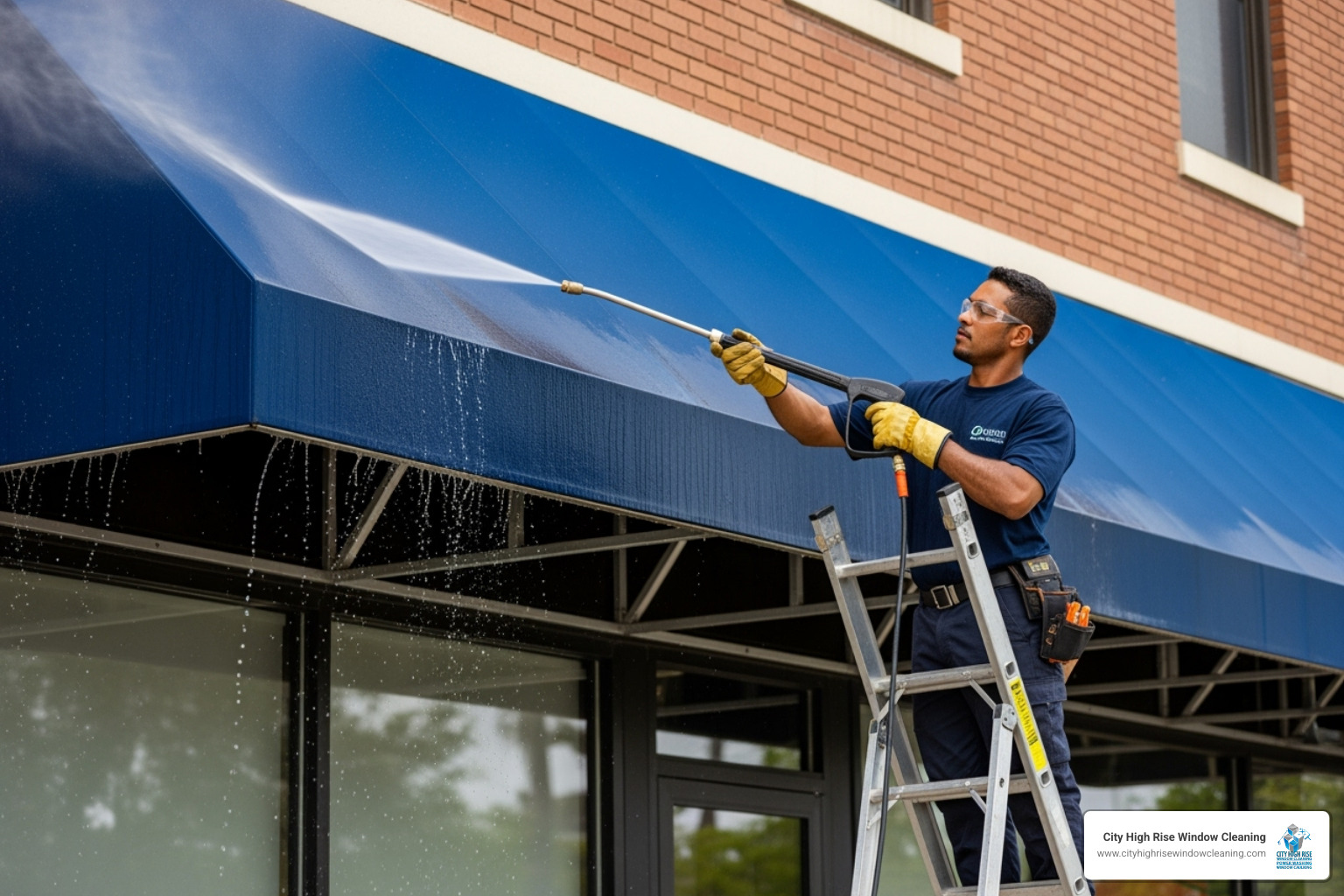 Professional safely power washing a commercial awning from a distance - power wash awnings Professional safely power washing a commercial awning from a distance - power wash awnings