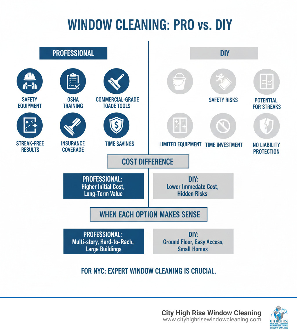 infographic showing comparison between professional and DIY window cleaning: Professional side lists safety equipment, OSHA training, commercial-grade tools, insurance coverage, streak-free results, and time savings; DIY side shows safety risks, limited equipment, potential for streaks, time investment, and no liability protection; center highlights cost difference and when each option makes sense - window cleaner new york infographic infographic showing comparison between professional and DIY window cleaning: Professional side lists safety equipment, OSHA training, commercial-grade tools, insurance coverage, streak-free results, and time savings; DIY side shows safety risks, limited equipment, potential for streaks, time investment, and no liability protection; center highlights cost difference and when each option makes sense - window cleaner new york infographic