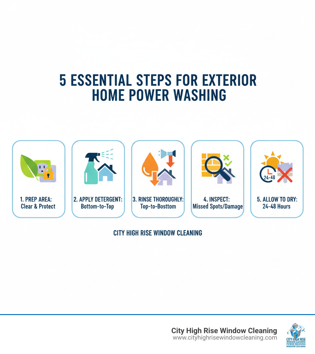 Infographic showing 5 essential steps for exterior home power washing: 1. Prep the area by clearing obstacles and protecting plants and outlets, 2. Apply detergent from bottom to top and let it dwell, 3. Rinse thoroughly from top to bottom with proper nozzle, 4. Inspect for missed spots or damage, 5. Allow 24-48 hours to dry before painting or sealing - exterior home power washing infographic Infographic showing 5 essential steps for exterior home power washing: 1. Prep the area by clearing obstacles and protecting plants and outlets, 2. Apply detergent from bottom to top and let it dwell, 3. Rinse thoroughly from top to bottom with proper nozzle, 4. Inspect for missed spots or damage, 5. Allow 24-48 hours to dry before painting or sealing - exterior home power washing infographic