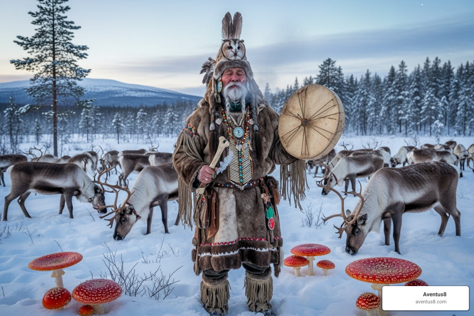 Siberian shamans and reindeer with Amanita muscaria - amanita muscaria Siberian shamans and reindeer with Amanita muscaria - amanita muscaria