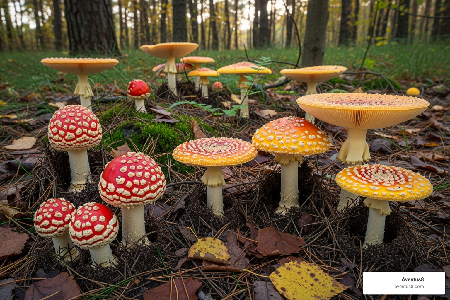 different Amanita muscaria varieties, including the yellow-orange var. guessowii found in Florida - amanita muscaria different Amanita muscaria varieties, including the yellow-orange var. guessowii found in Florida - amanita muscaria