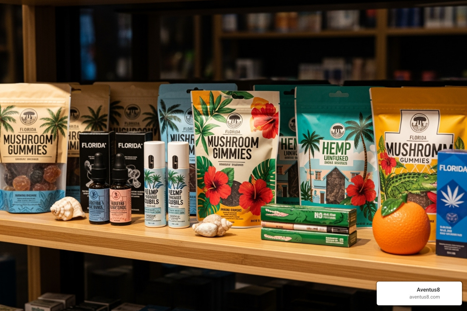 local Hollywood, FL smoke shop shelf with various mushroom and hemp products - amanita muscaria local Hollywood, FL smoke shop shelf with various mushroom and hemp products - amanita muscaria