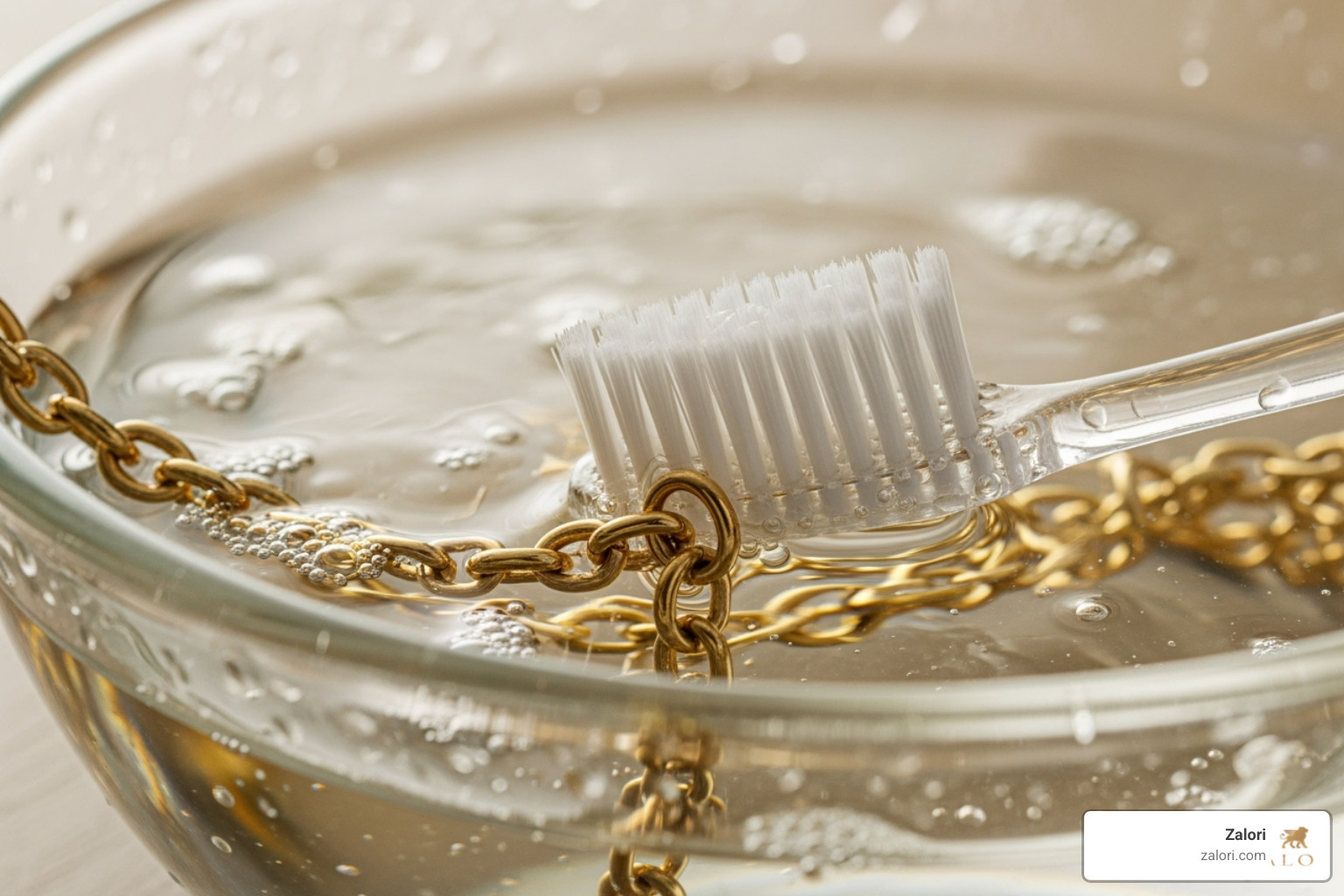 A soft toothbrush gently cleaning the links of a gold chain in a bowl of soapy water - how to clean a 14k gold chain A soft toothbrush gently cleaning the links of a gold chain in a bowl of soapy water - how to clean a 14k gold chain