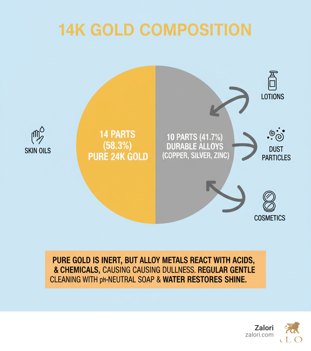 Infographic showing 14k gold composition: 14 parts (58.3%) pure 24k gold in yellow, 10 parts (41.7%) durable alloys including copper, silver, and zinc in gray. Arrows pointing to common contaminants: skin oils, lotions, dust particles, and cosmetics. Text explaining that while pure gold is inert, the alloy metals react with acids, sulfur compounds, and chemicals, causing dullness and requiring regular gentle cleaning with pH-neutral soap and water. - how to clean a 14k gold chain infographic Infographic showing 14k gold composition: 14 parts (58.3%) pure 24k gold in yellow, 10 parts (41.7%) durable alloys including copper, silver, and zinc in gray. Arrows pointing to common contaminants: skin oils, lotions, dust particles, and cosmetics. Text explaining that while pure gold is inert, the alloy metals react with acids, sulfur compounds, and chemicals, causing dullness and requiring regular gentle cleaning with pH-neutral soap and water. - how to clean a 14k gold chain infographic