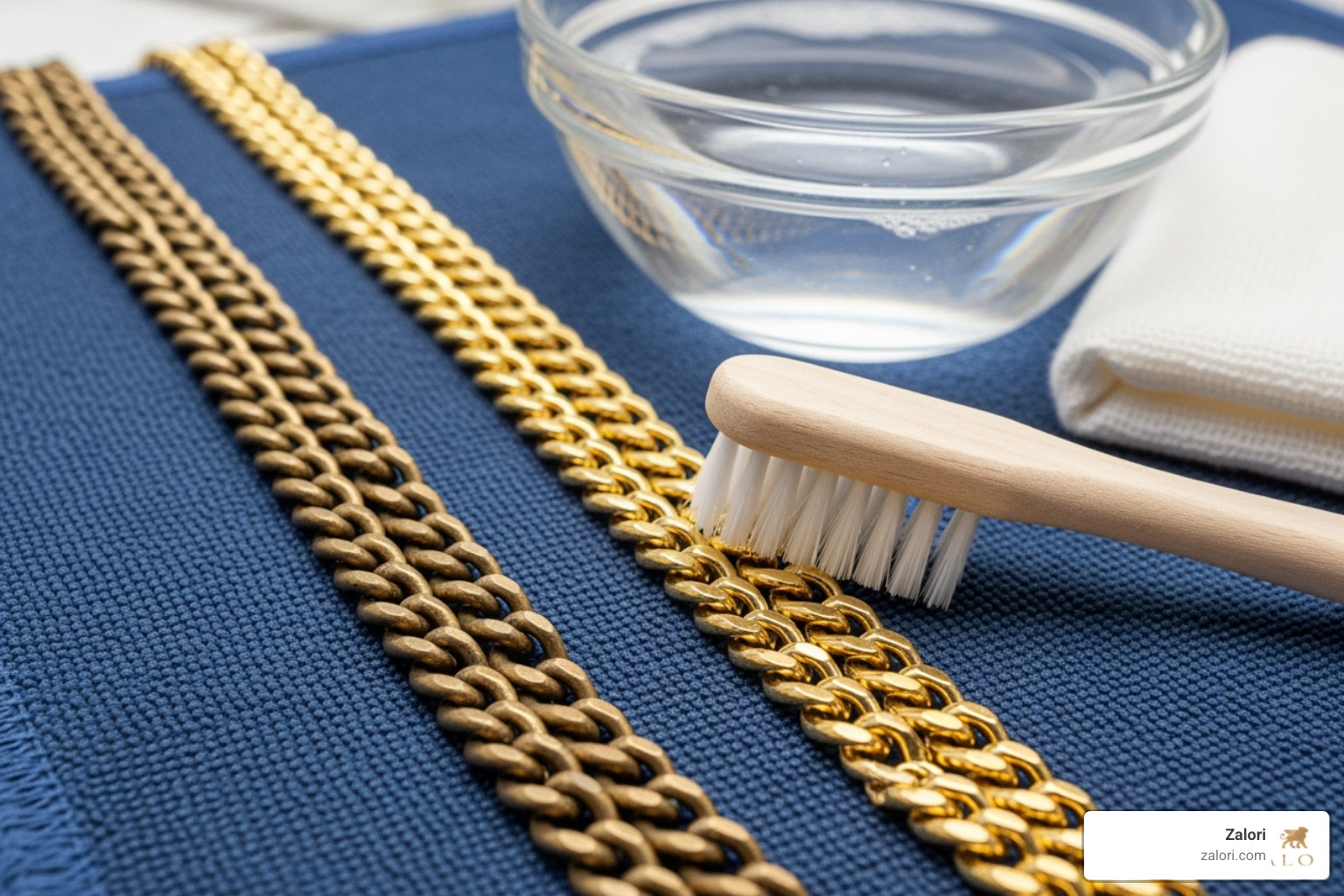 Do Not Use graphic with icons for bleach, toothpaste, and abrasive scouring pads - how to clean a 14k gold chain Do Not Use graphic with icons for bleach, toothpaste, and abrasive scouring pads - how to clean a 14k gold chain