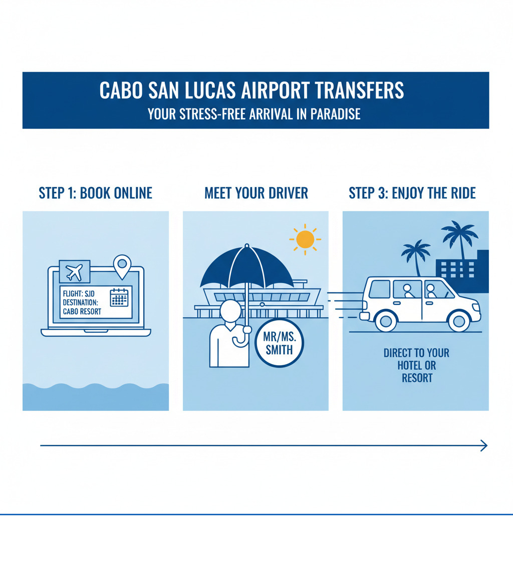 Infographic showing three simple steps: Step 1 - Book Online with flight details and destination, Step 2 - Meet Your Driver at designated umbrella with name sign, Step 3 - Enjoy the Ride with direct service to your hotel or resort - cabo san lucas airport transfers infographic 