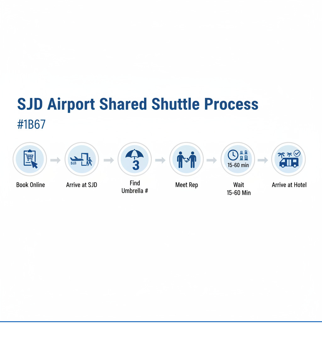 Infographic showing SJD airport shared shuttle process: Book online > Arrive at SJD > Exit terminal > Find umbrella number > Meet representative > Wait 15-60 min > Make 2-4 stops > Arrive at your hotel - SJD airport shared shuttle infographic  Infographic showing SJD airport shared shuttle process: Book online > Arrive at SJD > Exit terminal > Find umbrella number > Meet representative > Wait 15-60 min > Make 2-4 stops > Arrive at your hotel - SJD airport shared shuttle infographic