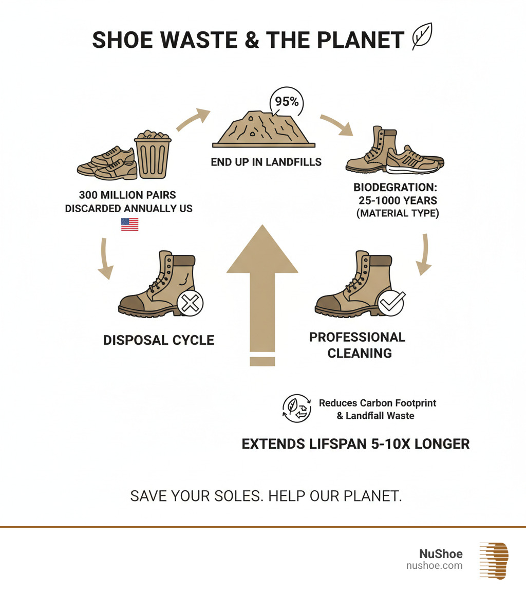 Infographic showing the environmental impact of shoe waste: 300 million pairs discarded annually in the US, 95% ending up in landfills, with materials taking 25-1000 years to biodegrade depending on type; professional cleaning extends lifespan 5-10x longer, reducing carbon footprint and landfill waste - boot cleaning near me infographic Infographic showing the environmental impact of shoe waste: 300 million pairs discarded annually in the US, 95% ending up in landfills, with materials taking 25-1000 years to biodegrade depending on type; professional cleaning extends lifespan 5-10x longer, reducing carbon footprint and landfill waste - boot cleaning near me infographic