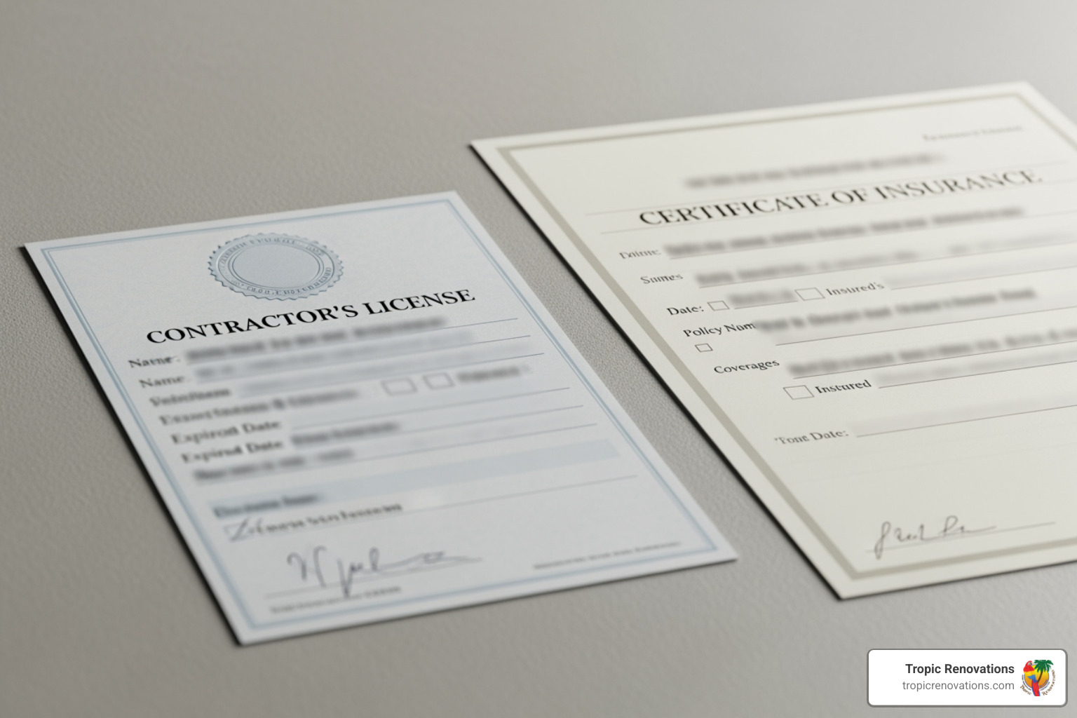 A sample contractor's license next to a certificate of insurance - How to check contractor?