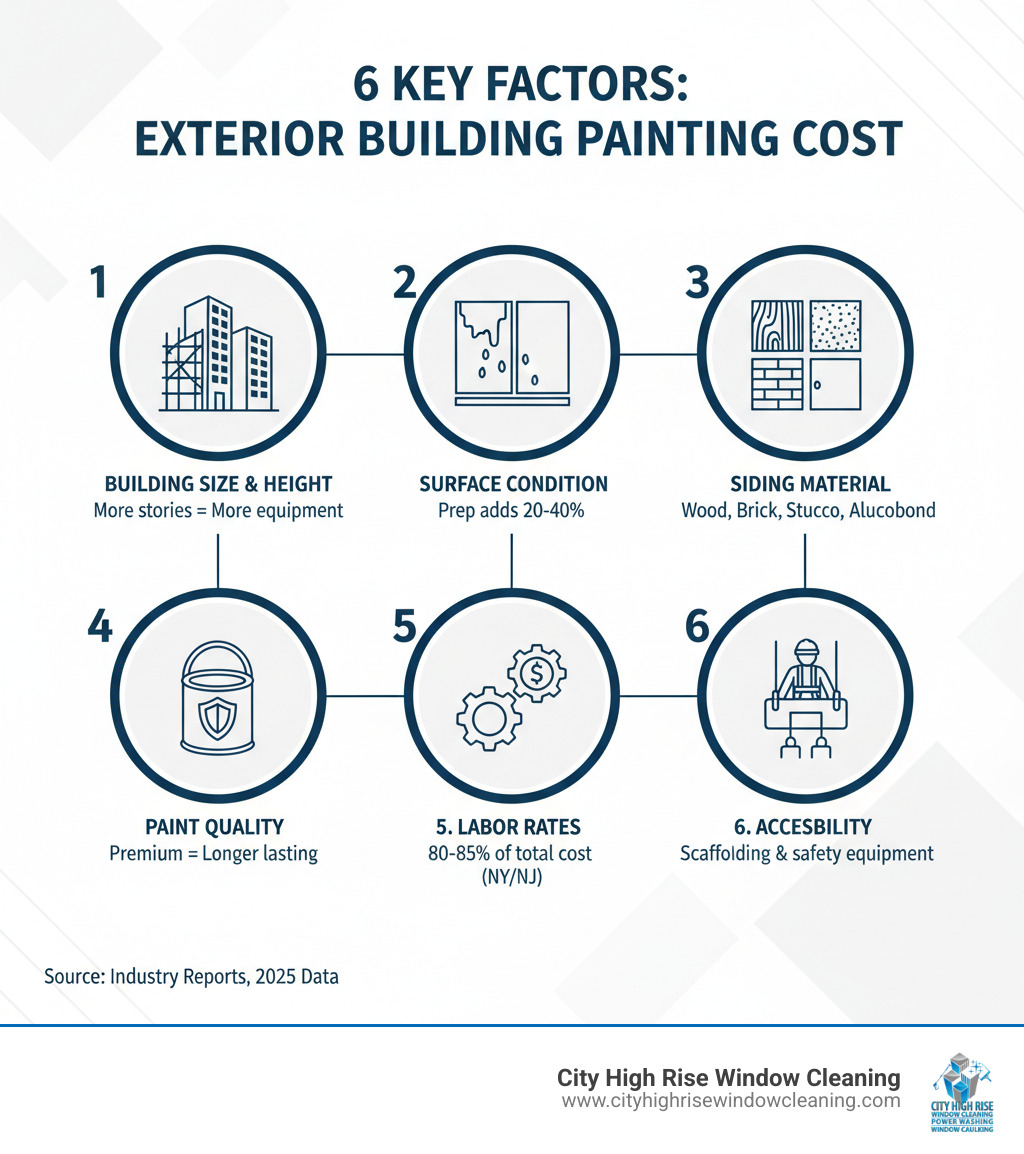 Infographic showing six key factors affecting exterior building painting cost: building size and height (more stories = more equipment), surface condition (prep work adds 20-40%), siding material (wood, brick, stucco, Alucobond each require different prep), paint quality (premium paints last longer but cost more upfront), labor rates (80-85% of total cost in NY/NJ), and accessibility (scaffolding and safety equipment for high-rise buildings) - exterior building painting cost infographic Infographic showing six key factors affecting exterior building painting cost: building size and height (more stories = more equipment), surface condition (prep work adds 20-40%), siding material (wood, brick, stucco, Alucobond each require different prep), paint quality (premium paints last longer but cost more upfront), labor rates (80-85% of total cost in NY/NJ), and accessibility (scaffolding and safety equipment for high-rise buildings) - exterior building painting cost infographic