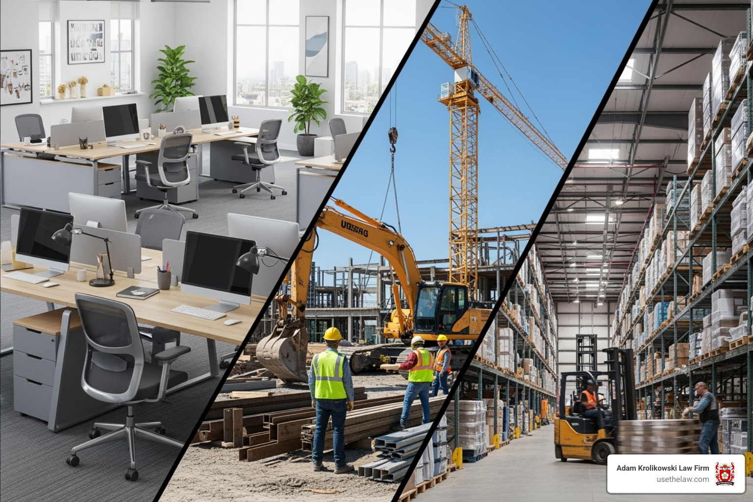 various work environments like an office, construction site, and warehouse - Orange County work injury lawyer various work environments like an office, construction site, and warehouse - Orange County work injury lawyer