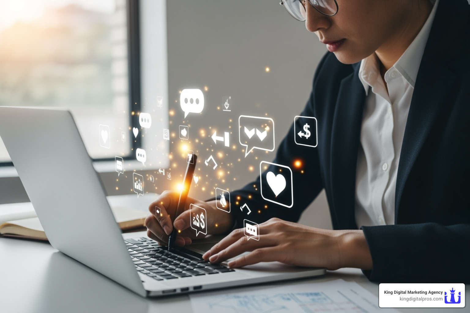 a person writing compelling copy on a laptop with engagement icons floating around - copywriting companies