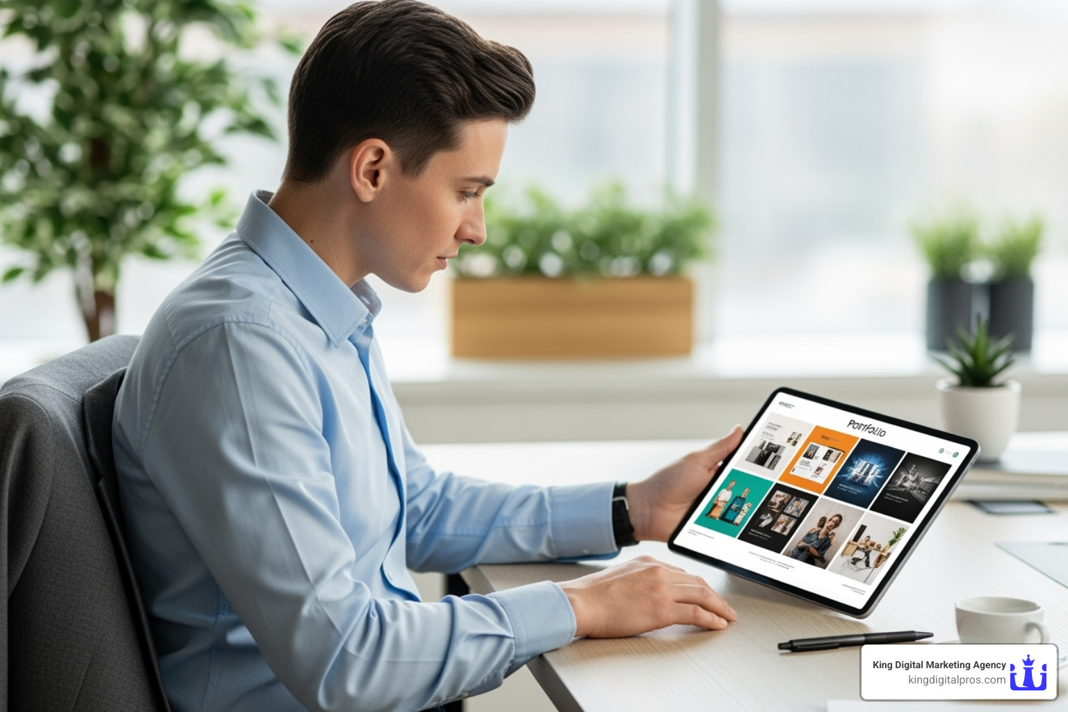 a person reviewing a portfolio on a tablet - copywriting companies