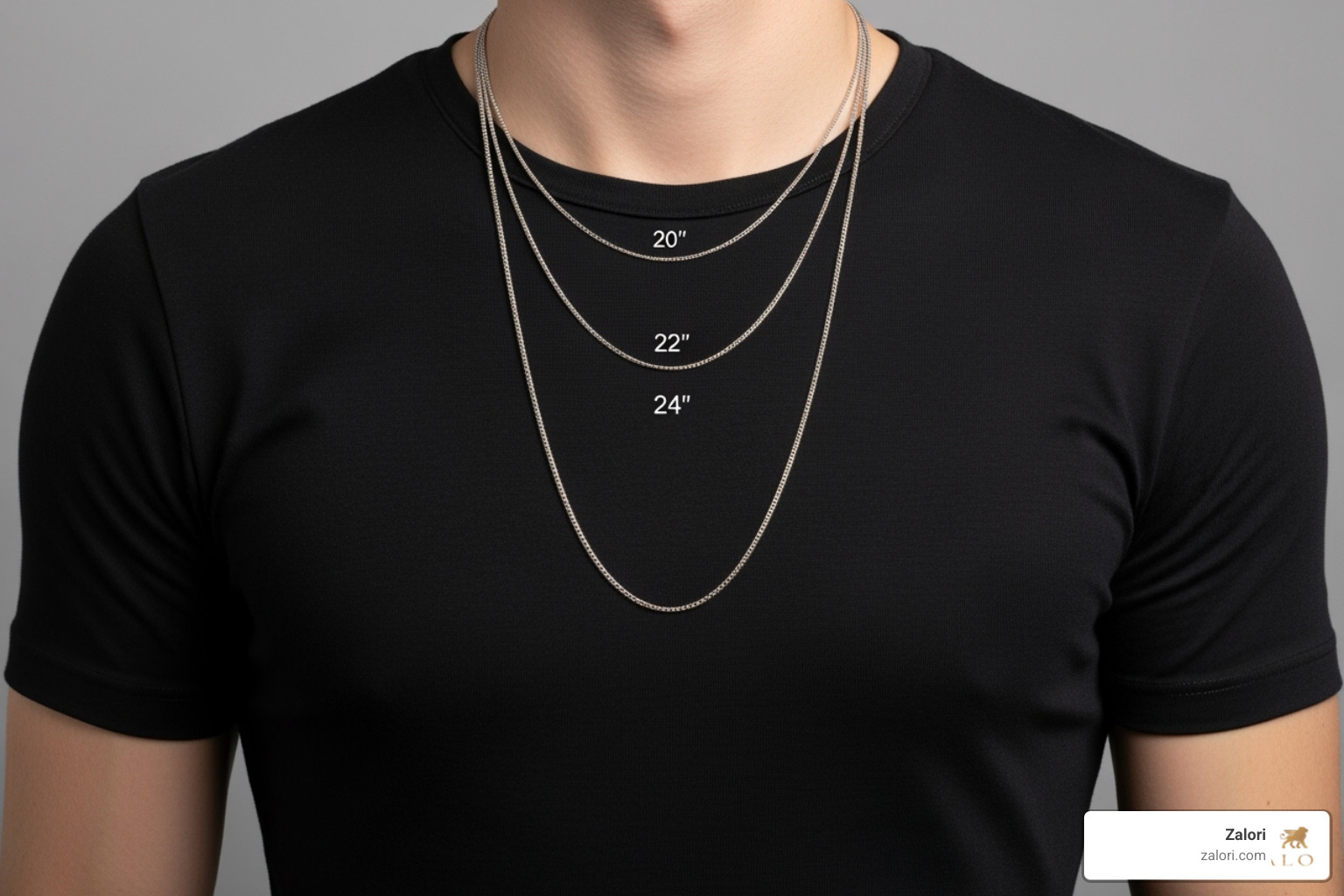 diagram showing 20, 22, and 24-inch necklace lengths on a male torso - men's gold crosses diagram showing 20, 22, and 24-inch necklace lengths on a male torso - men's gold crosses