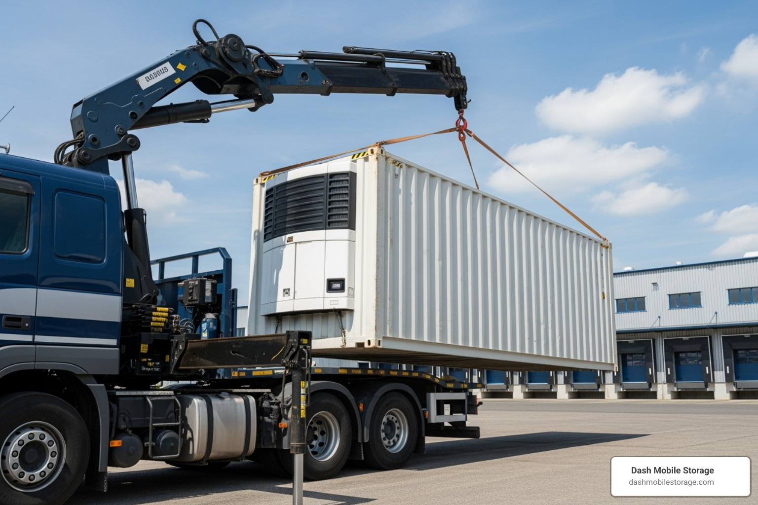 a delivery truck placing a refrigerated container - rent freezer storage space