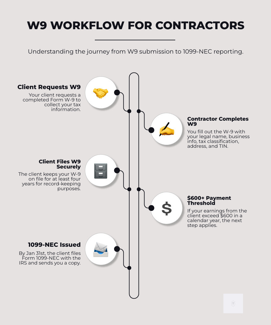 Infografik zum W9-Workflow für Auftragnehmer: 1. Der Auftraggeber fordert das W9-Formular vom Auftragnehmer an. 2. Der Auftragnehmer füllt das W9-Formular aus und sendet es mit Name, Adresse, Steuerklasse und Steueridentifikationsnummer (TIN) zurück. 3. Der Auftraggeber bewahrt das W9-Formular vier Jahre lang auf. 4. Zahlt der Auftraggeber dem Auftragnehmer im Steuerjahr 600 US-Dollar oder mehr, 5. reicht der Auftraggeber das Formular 1099-NEC beim IRS ein und sendet dem Auftragnehmer bis zum 31. Januar eine Kopie. Infografik zum W9-Workflow für Auftragnehmer: 1. Der Auftraggeber fordert das W9-Formular vom Auftragnehmer an. 2. Der Auftragnehmer füllt das W9-Formular aus und sendet es mit Name, Adresse, Steuerklasse und Steueridentifikationsnummer (TIN) zurück. 3. Der Auftraggeber bewahrt das W9-Formular vier Jahre lang auf. 4. Zahlt der Auftraggeber dem Auftragnehmer im Steuerjahr 600 US-Dollar oder mehr, 5. reicht der Auftraggeber das Formular 1099-NEC beim IRS ein und sendet dem Auftragnehmer bis zum 31. Januar eine Kopie.