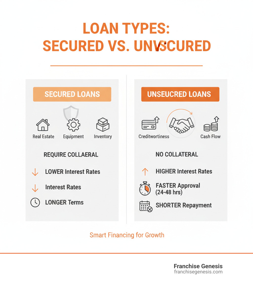 Infographic comparing secured and unsecured loans: Secured loans require collateral (real estate, equipment, inventory) with lower interest rates and longer terms; Unsecured loans require no collateral, are based on creditworthiness and cash flow, typically feature higher interest rates, faster approval times of 24-48 hours, and shorter repayment periods - Unsecured franchise loans infographic 