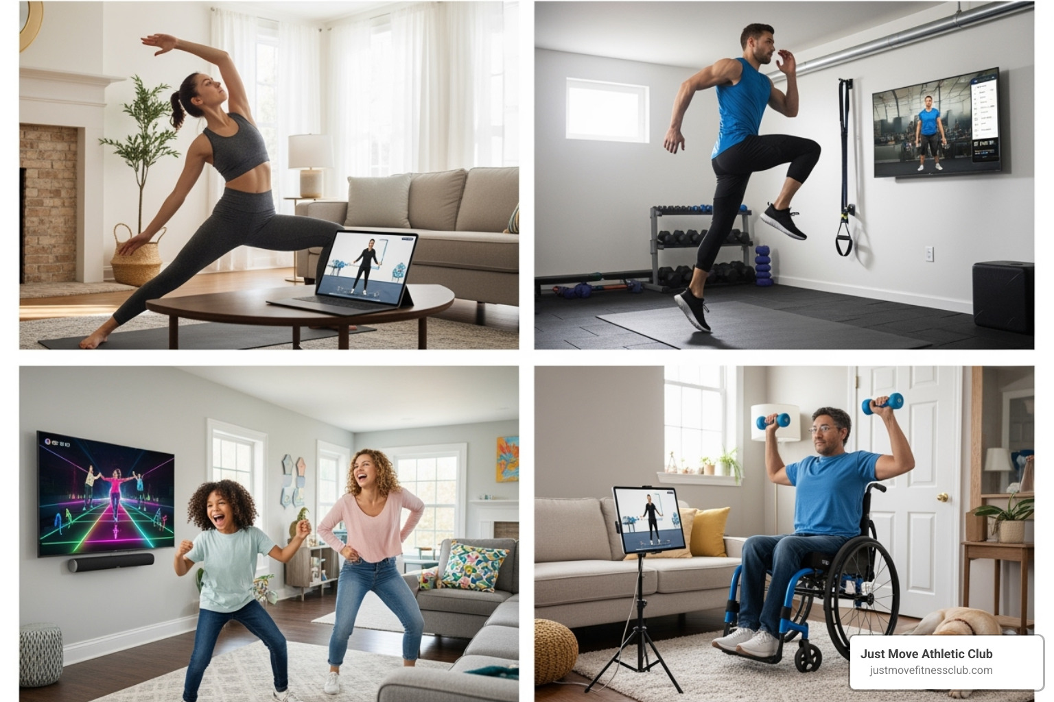 collage showing different types of virtual classes like yoga, HIIT, and dance - Virtual fitness classes