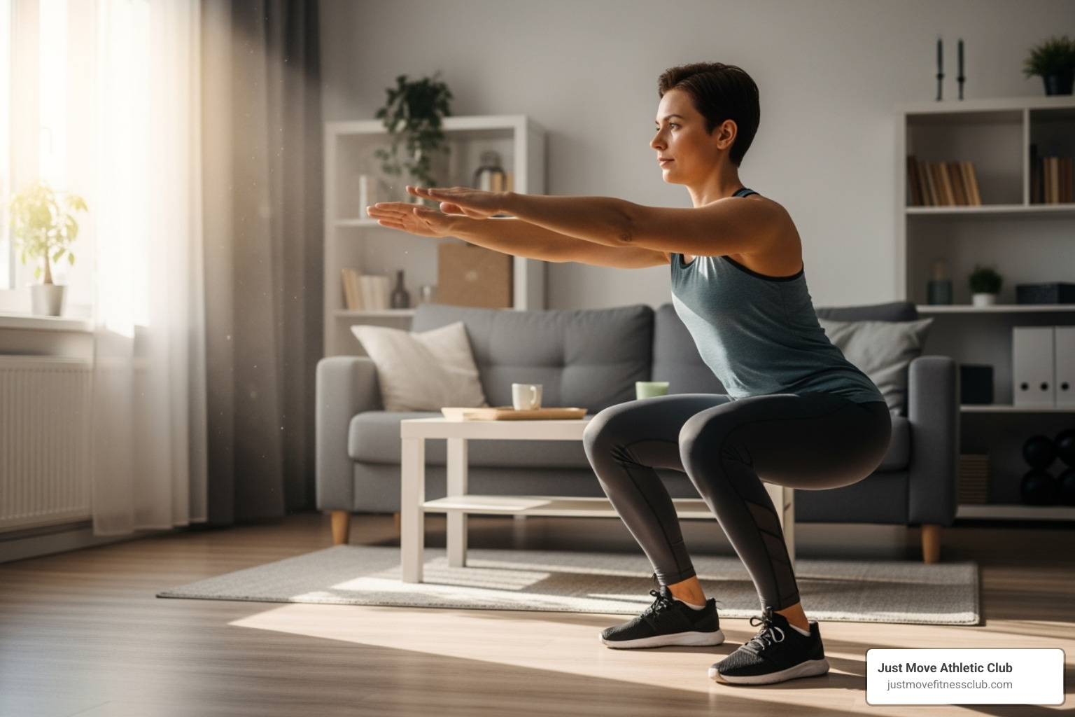 someone doing bodyweight squats at home - Beginner HIIT workout someone doing bodyweight squats at home - Beginner HIIT workout