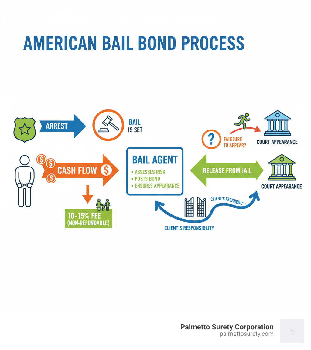 Infographic showing bail bond process from arrest through posting bail to court appearance with arrows indicating cash flow and responsibilities of bail agent in american justice system - bail bond job infographic Infographic showing bail bond process from arrest through posting bail to court appearance with arrows indicating cash flow and responsibilities of bail agent in american justice system - bail bond job infographic