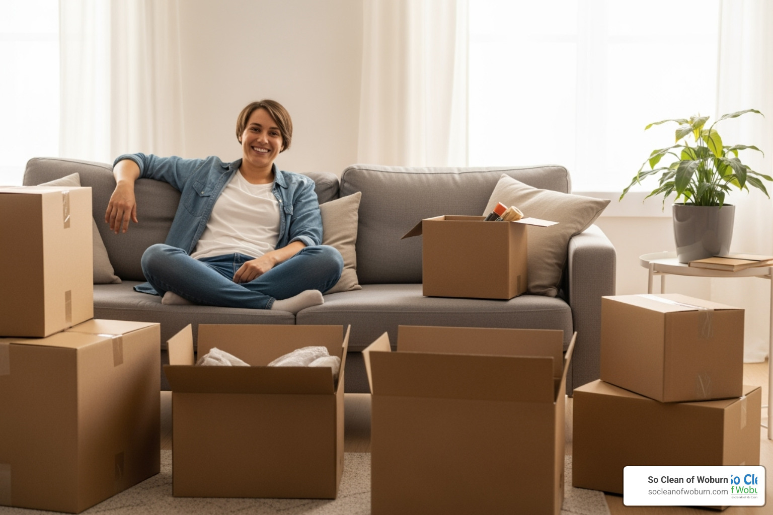 person relaxing on couch surrounded by unpacked boxes in a clean room - moving in cleaning service cost