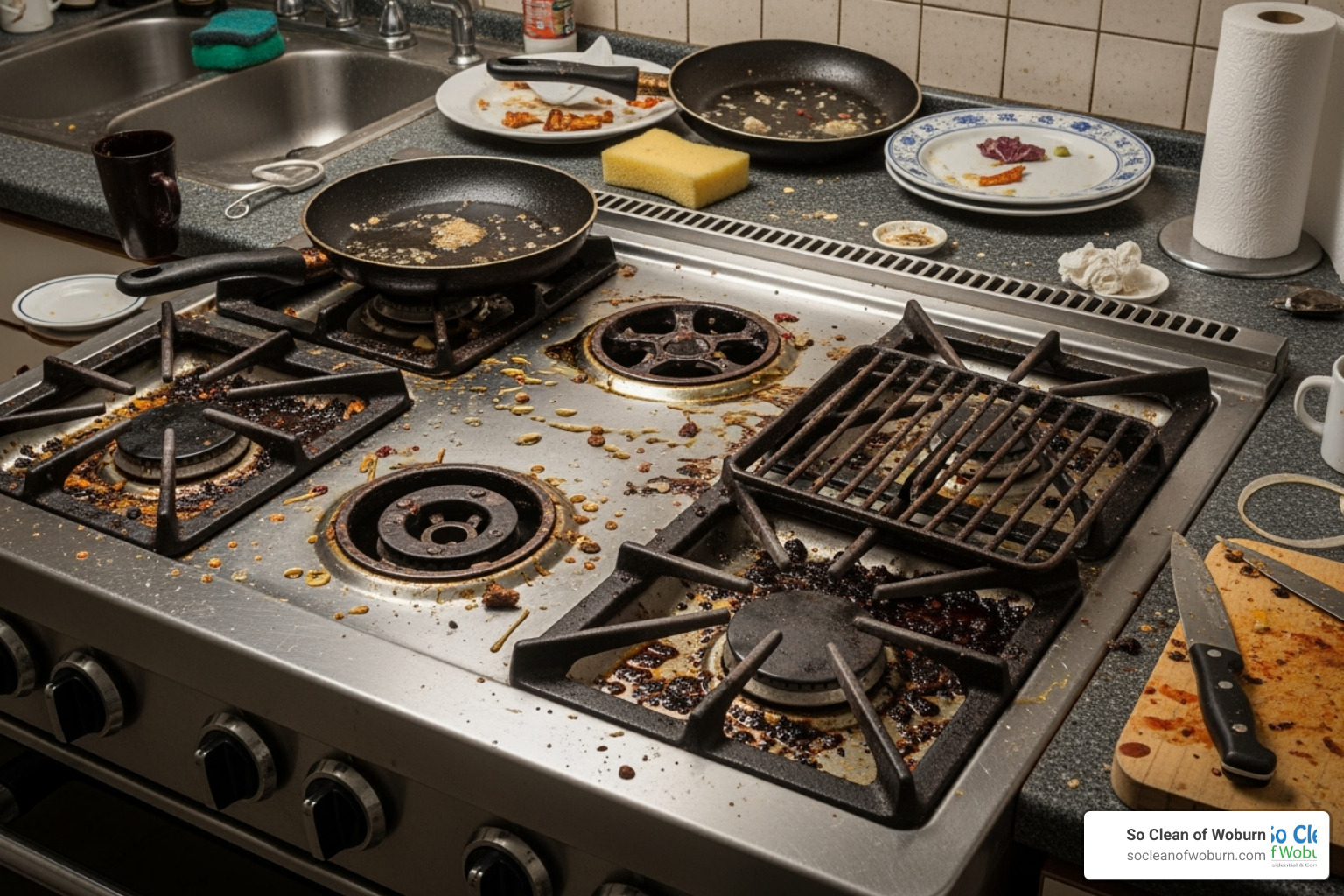 dirty kitchen with greasy stovetop and stained counters before a clean - moving in cleaning service cost