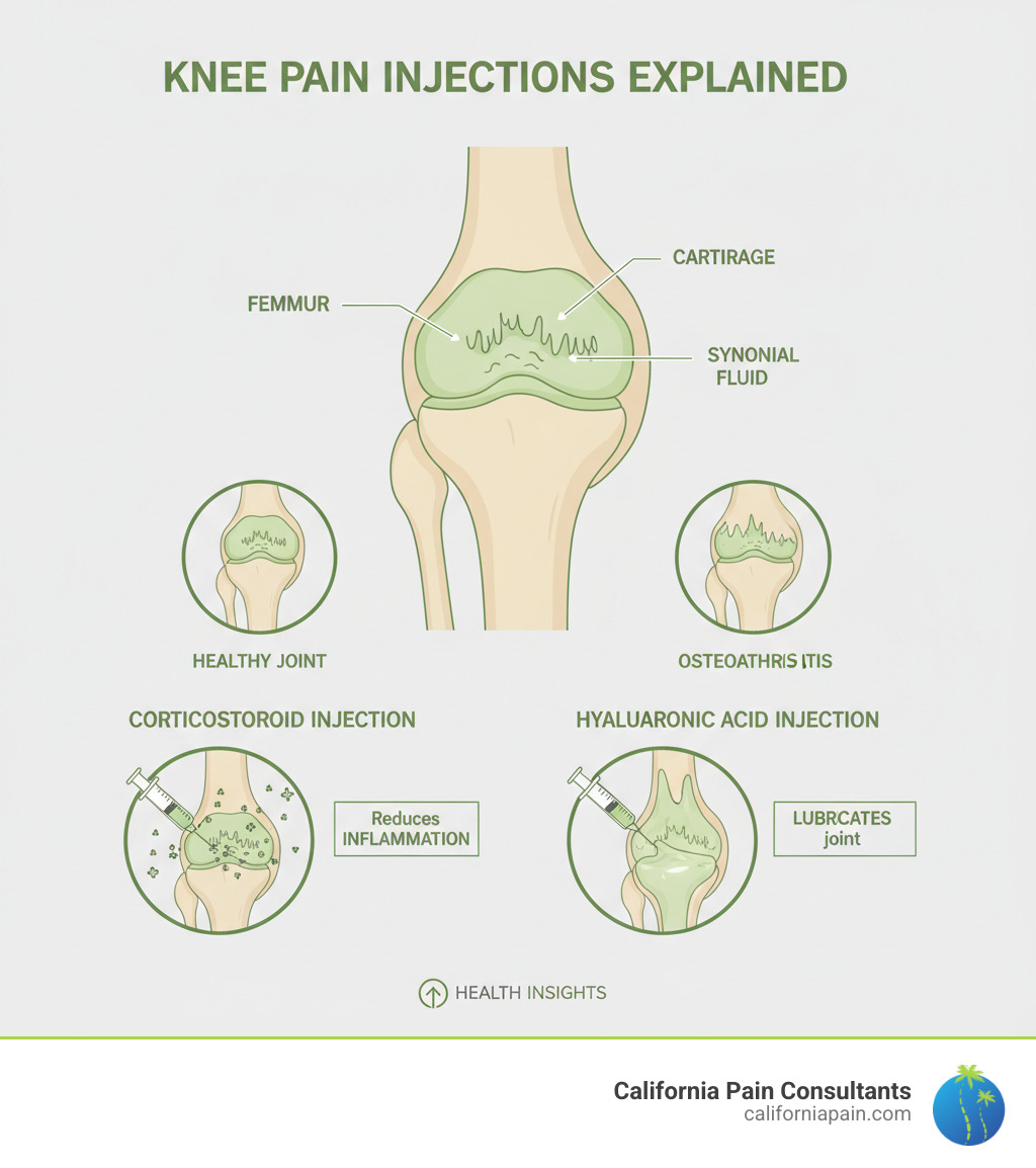 detailed infographic showing knee joint anatomy with labels for cartilage, synovial fluid, and bone, plus cross-section views comparing a healthy knee to one with osteoarthritis, and illustrations of how corticosteroid and hyaluronic acid injections work within the joint space - knee pain injections infographic detailed infographic showing knee joint anatomy with labels for cartilage, synovial fluid, and bone, plus cross-section views comparing a healthy knee to one with osteoarthritis, and illustrations of how corticosteroid and hyaluronic acid injections work within the joint space - knee pain injections infographic