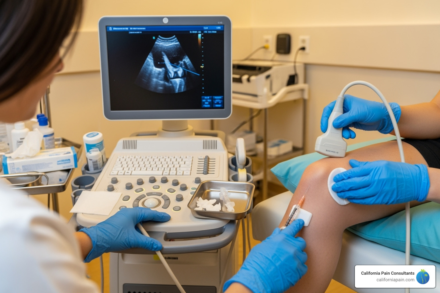 ultrasound machine guiding a knee injection - knee pain injections ultrasound machine guiding a knee injection - knee pain injections