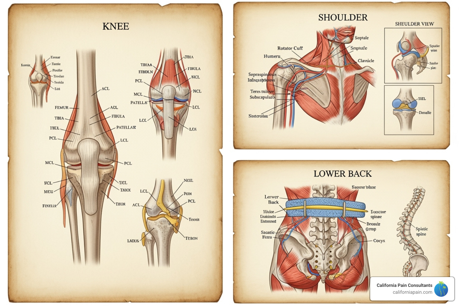 anatomical charts highlighting the knee, shoulder, and lower back - what is regenerative injection therapy anatomical charts highlighting the knee, shoulder, and lower back - what is regenerative injection therapy