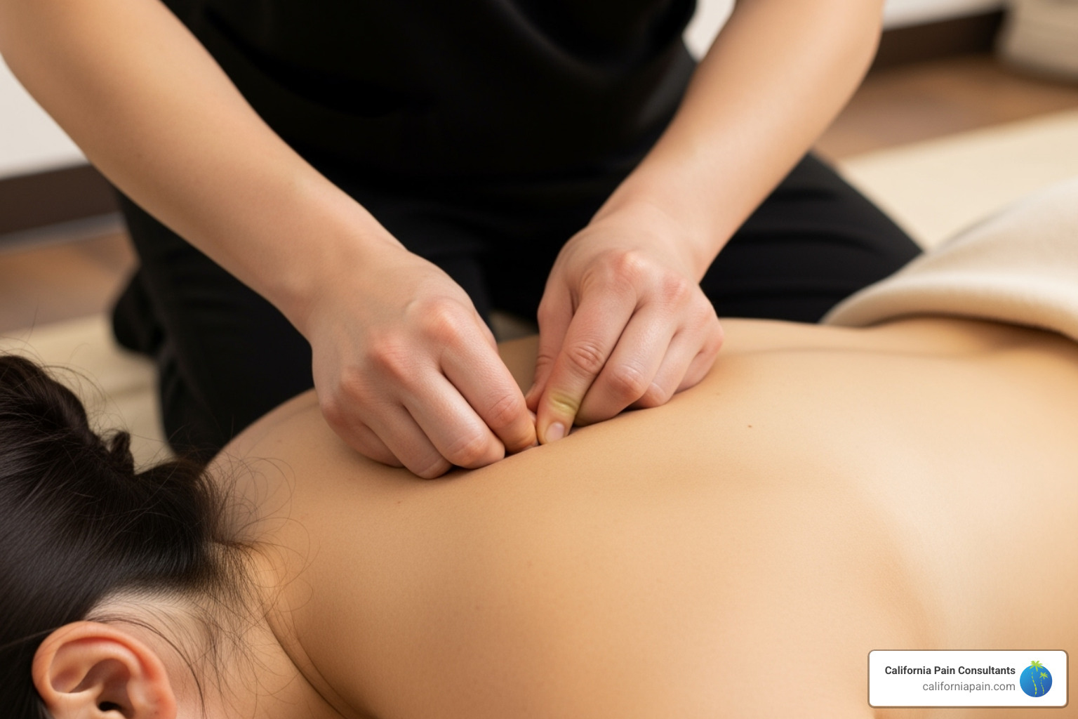 Shiatsu massage with a therapist applying pressure to a point on the back - types of holistic massage Shiatsu massage with a therapist applying pressure to a point on the back - types of holistic massage