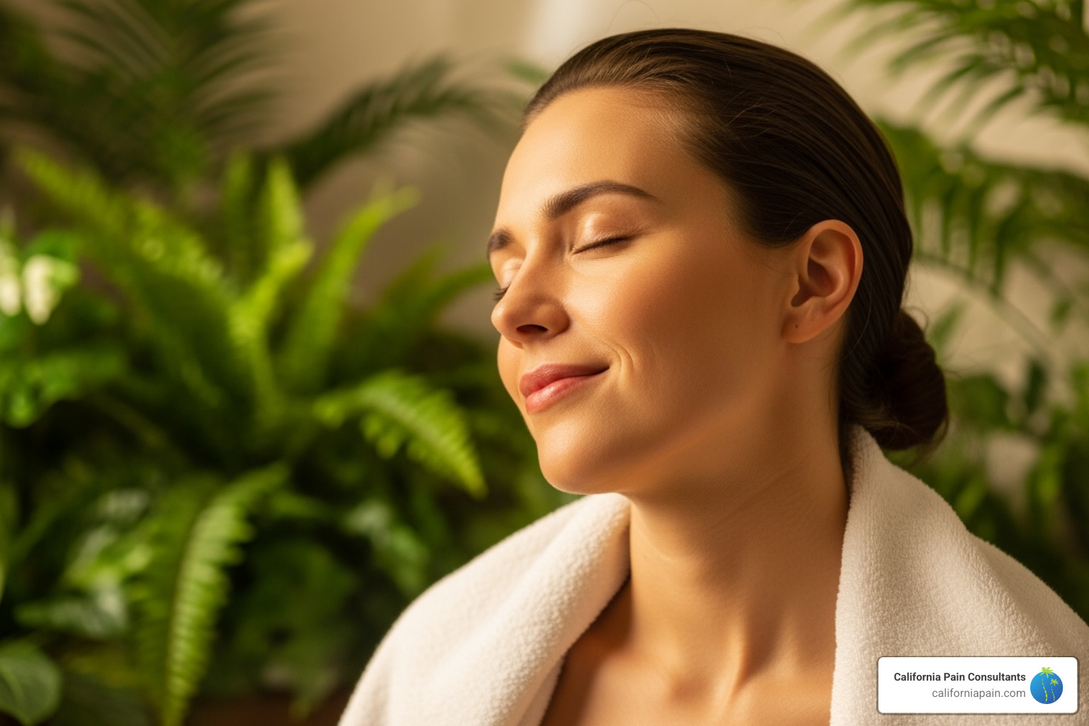 A person looking relaxed and serene after a massage session, perhaps with soft light and plants in the background - types of holistic massage A person looking relaxed and serene after a massage session, perhaps with soft light and plants in the background - types of holistic massage